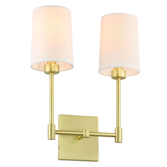 Modern Double Wall Sconce, 2-Light Brass Fixture with White Fabric Shades XB-W1215-2-SB