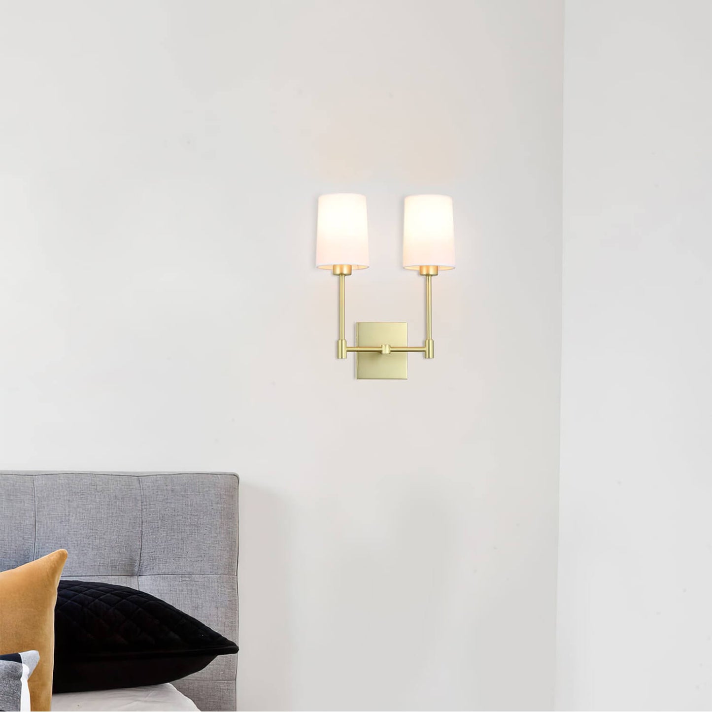 Modern Double Wall Sconce, 2-Light Brass Fixture with White Fabric Shades XB-W1215-2-SB