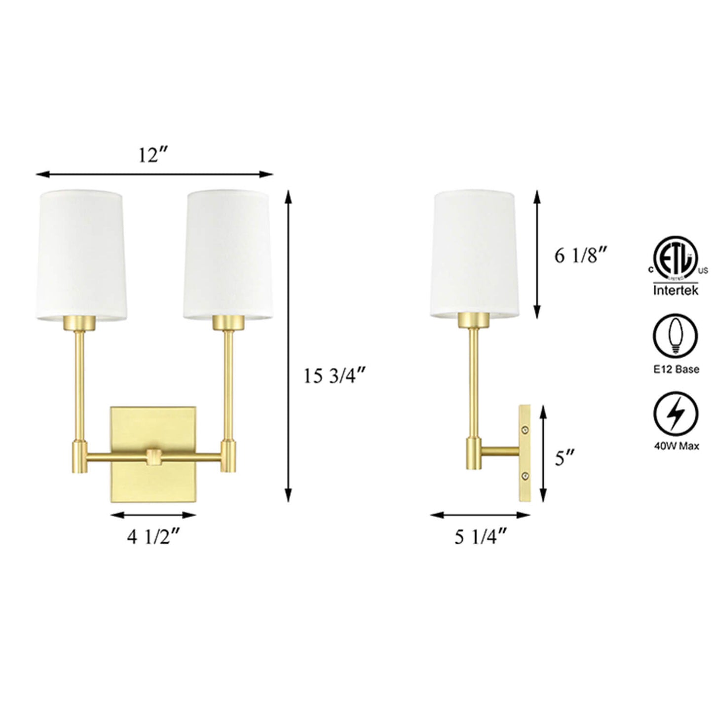 Modern Double Wall Sconce, 2-Light Brass Fixture with White Fabric Shades XB-W1215-2-SB