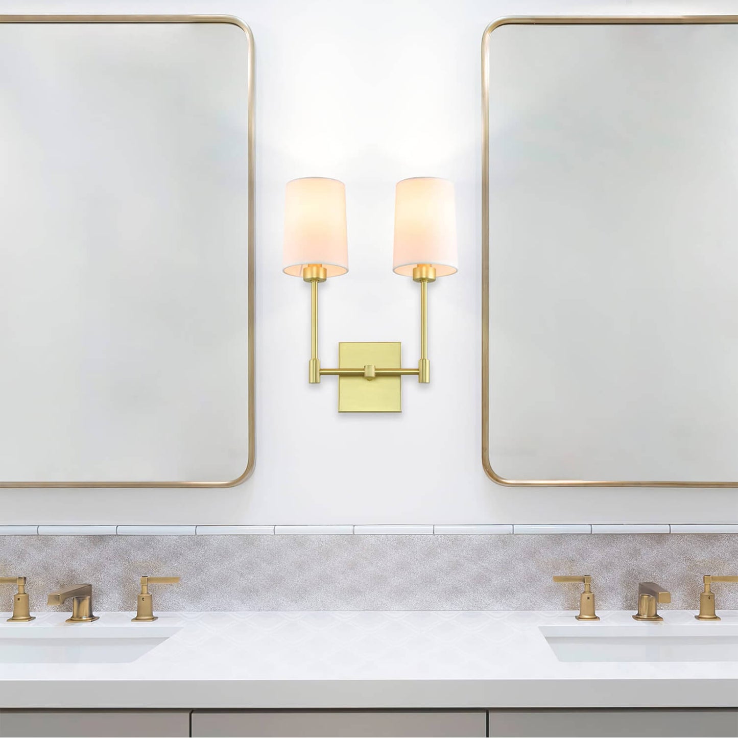 Modern Double Wall Sconce, 2-Light Brass Fixture with White Fabric Shades XB-W1215-2-SB
