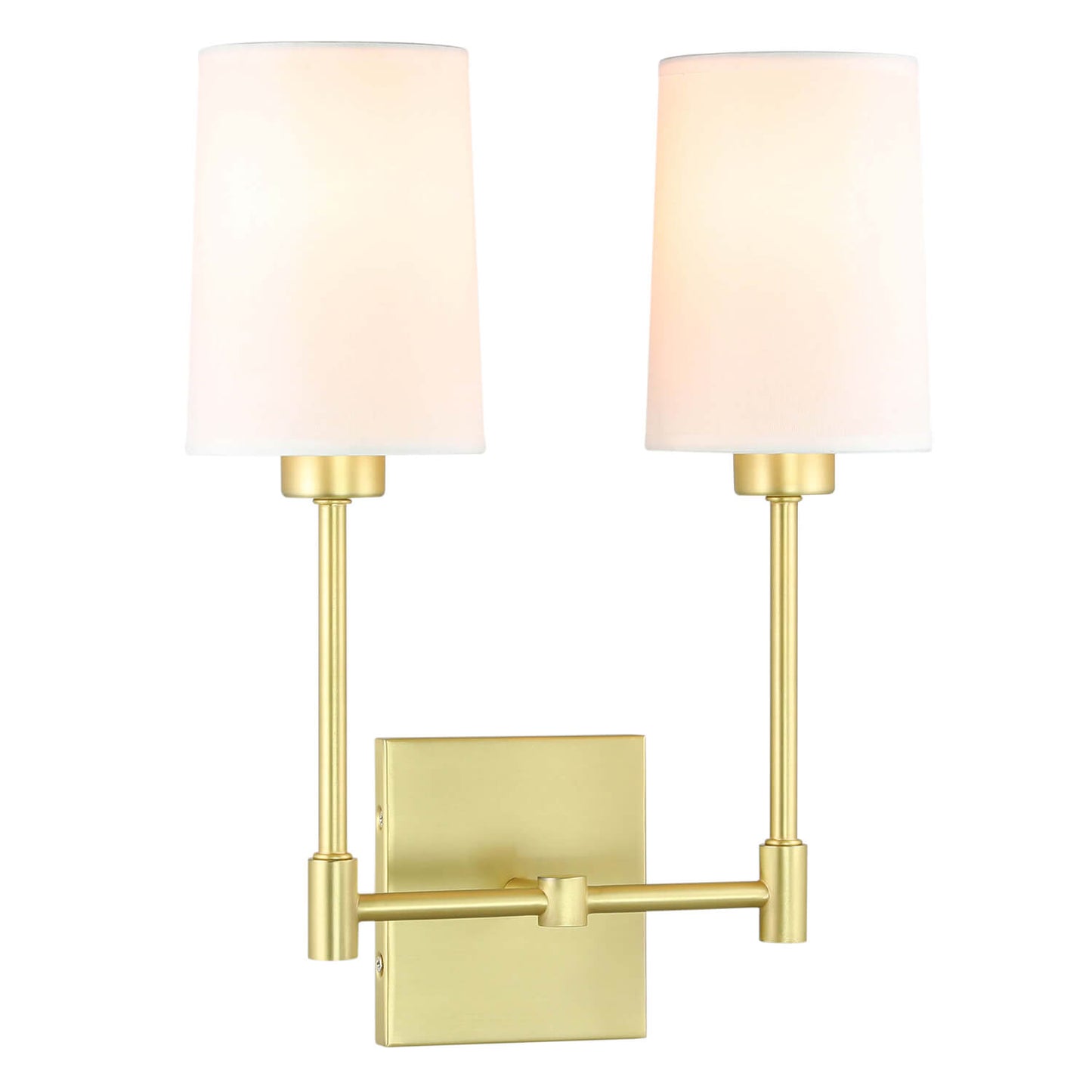 Modern Double Wall Sconce, 2-Light Brass Fixture with White Fabric Shades XB-W1215-2-SB