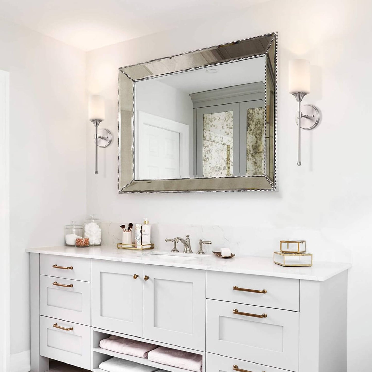 Wall Sconce Light Fixture with Glass Shade, Brushed Nickel, Bathroom Vanity Lighting XB-W1216-BN