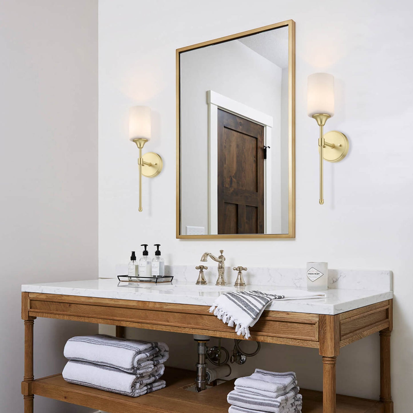 Bathroom Vanity Wall Sconce Light Fixture, Glass Shade, Satin Brass Finish XB-W1216-SB