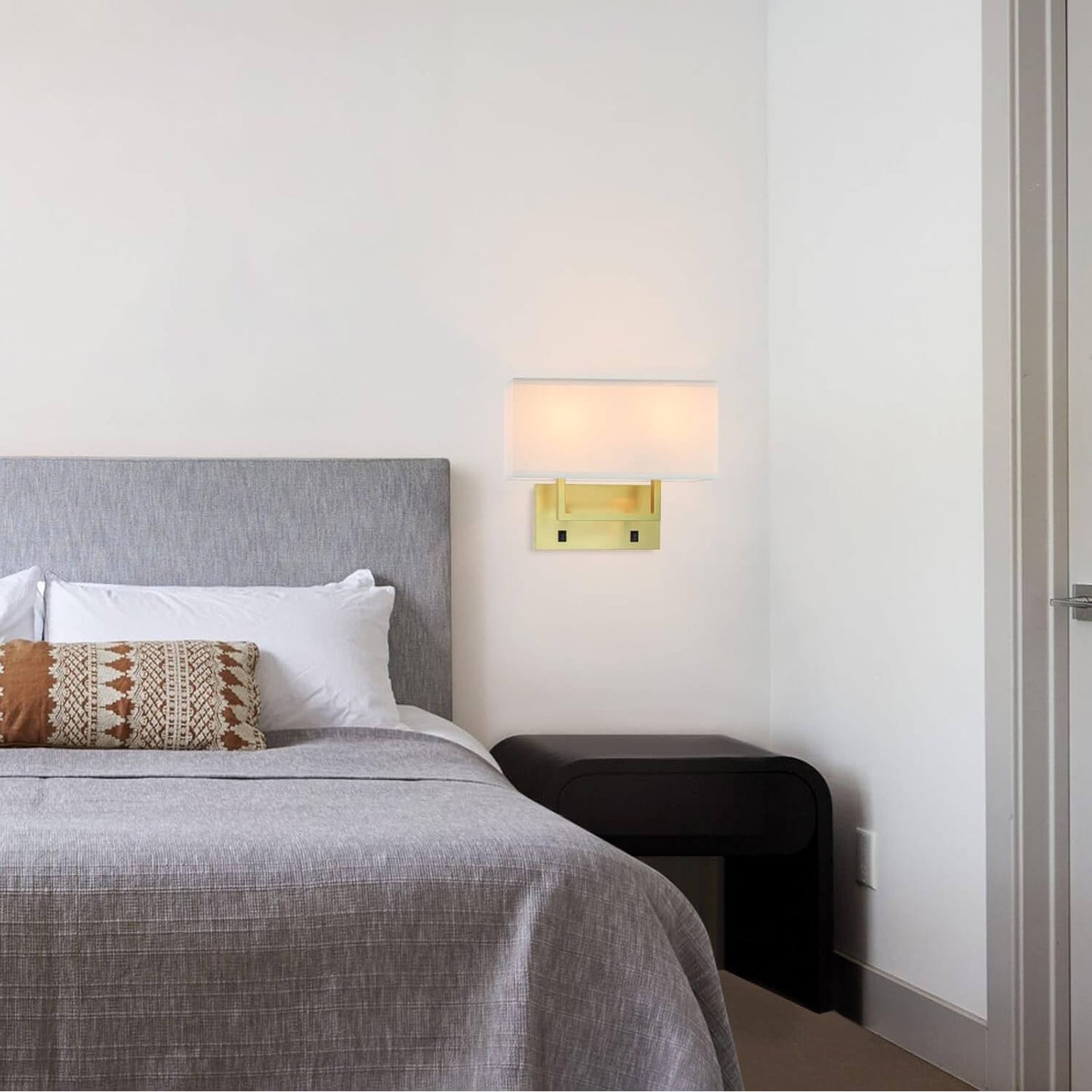 Wall Sconce with White Shade, Satin Brass, 2-Light, Bedroom Wall Lamp with On/Off Switch XB-W1230-SB