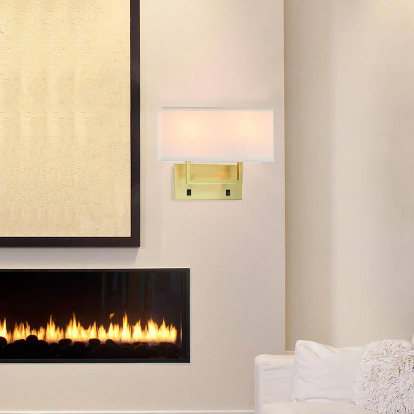 Wall Sconce with White Shade, Satin Brass, 2-Light, Bedroom Wall Lamp with On/Off Switch XB-W1230-SB