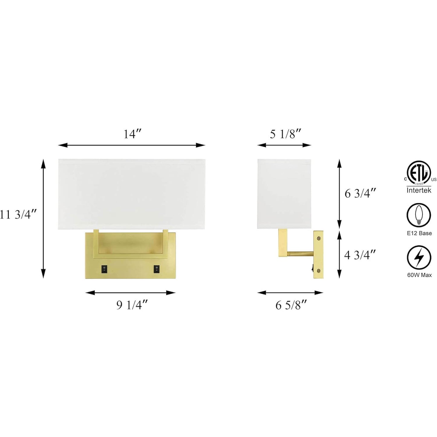 Wall Sconce with White Shade, Satin Brass, 2-Light, Bedroom Wall Lamp with On/Off Switch XB-W1230-SB