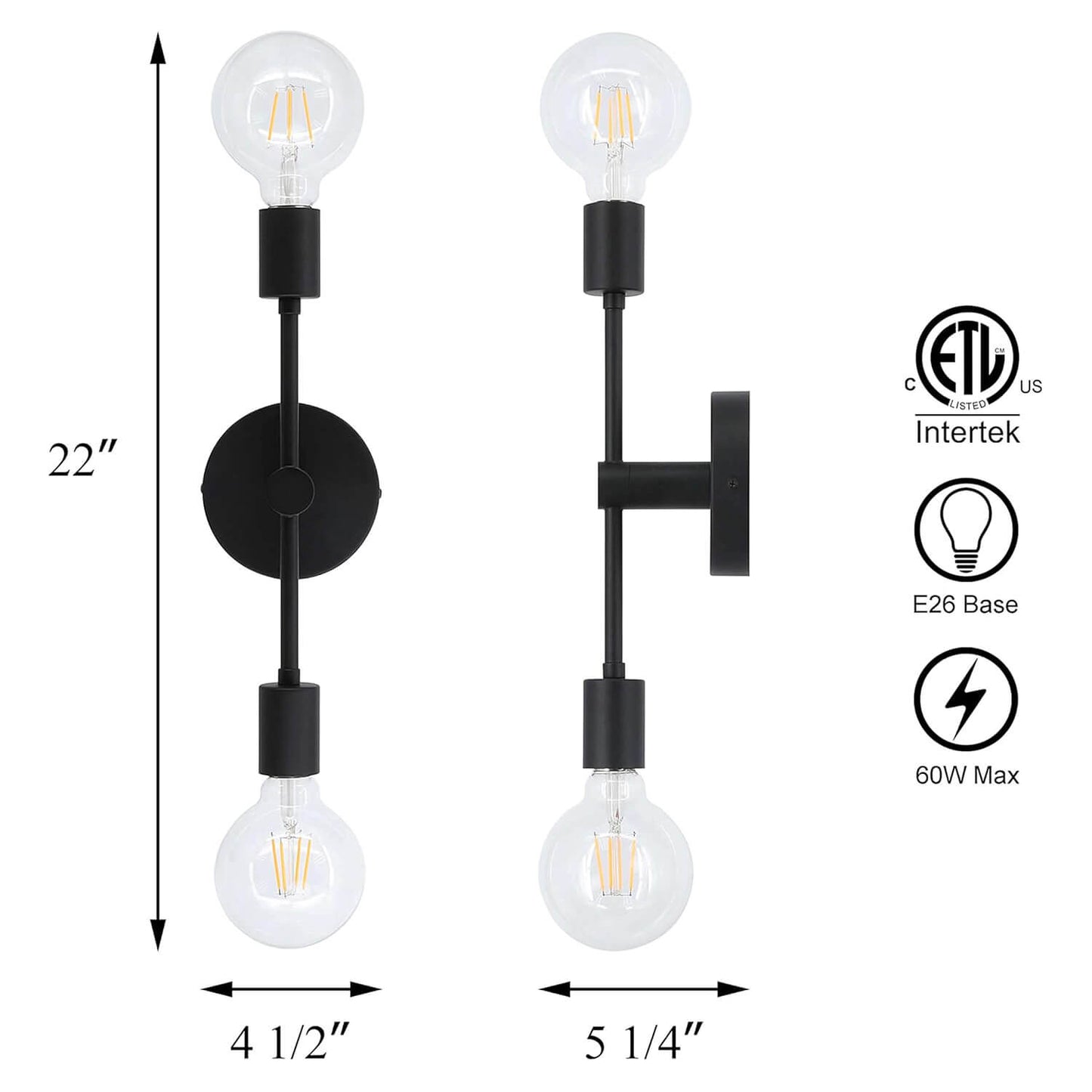 2-Light Black Bathroom Vanity Wall Sconce with LED Bulbs XB-W1234-2-MB-G30