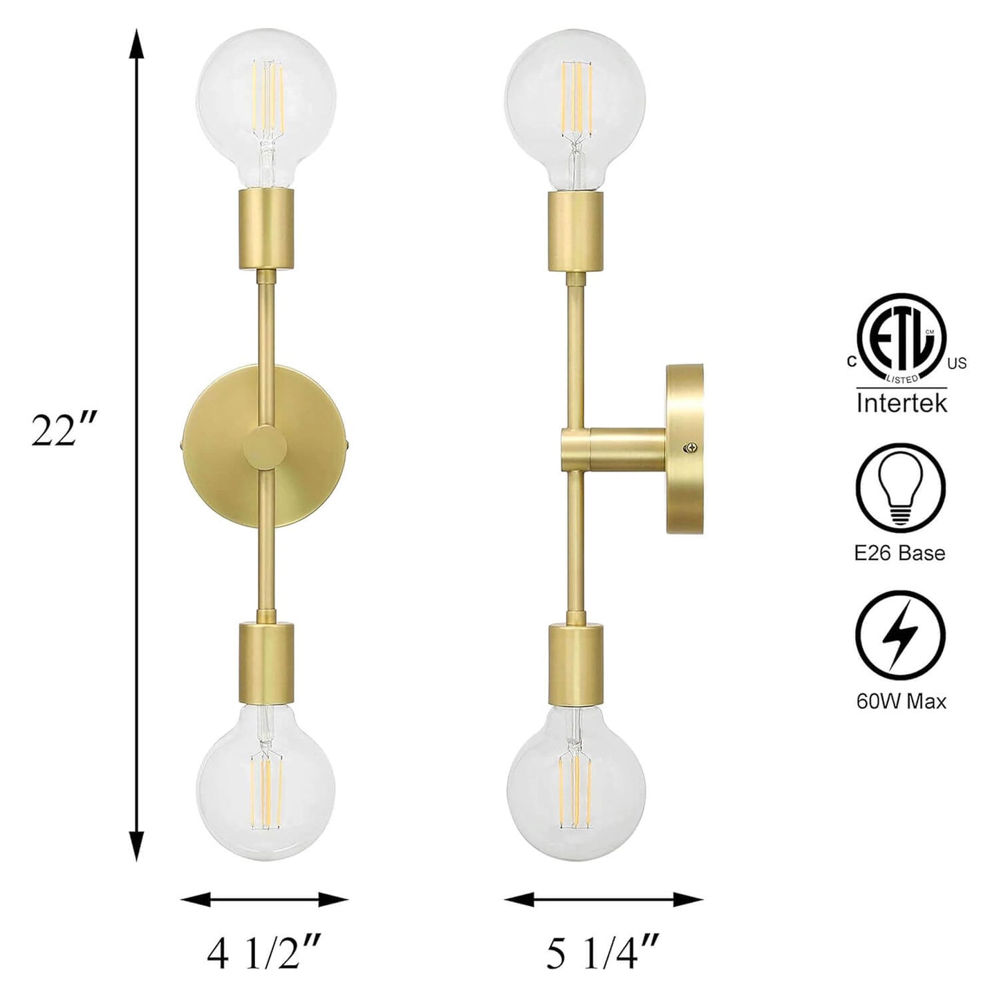 Double Light Satin Brass Vanity Sconce with LED Bulb XB-W1234-2-SB-G30