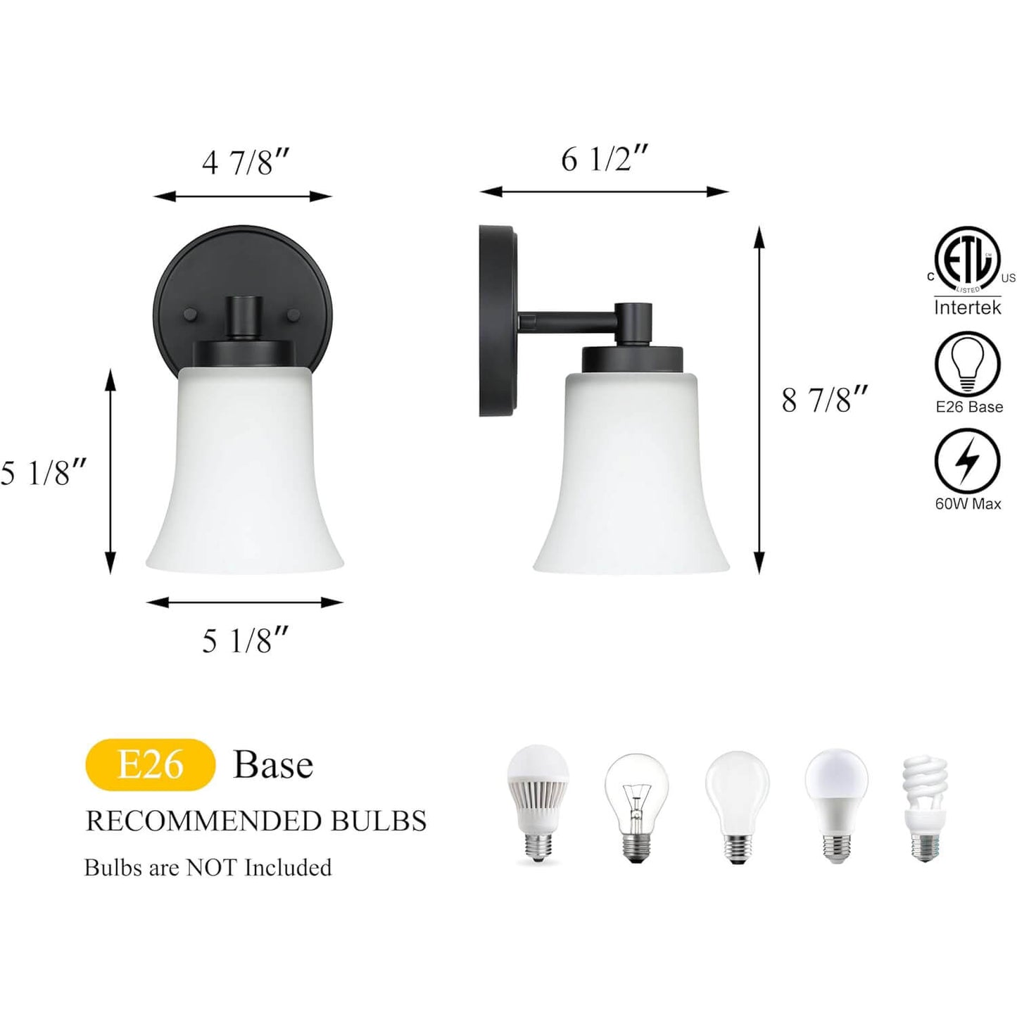 Black Glass Wall Sconce, 1-Light Vanity Light Fixture for Bathroom and Hallway XB-W1235-1-MB