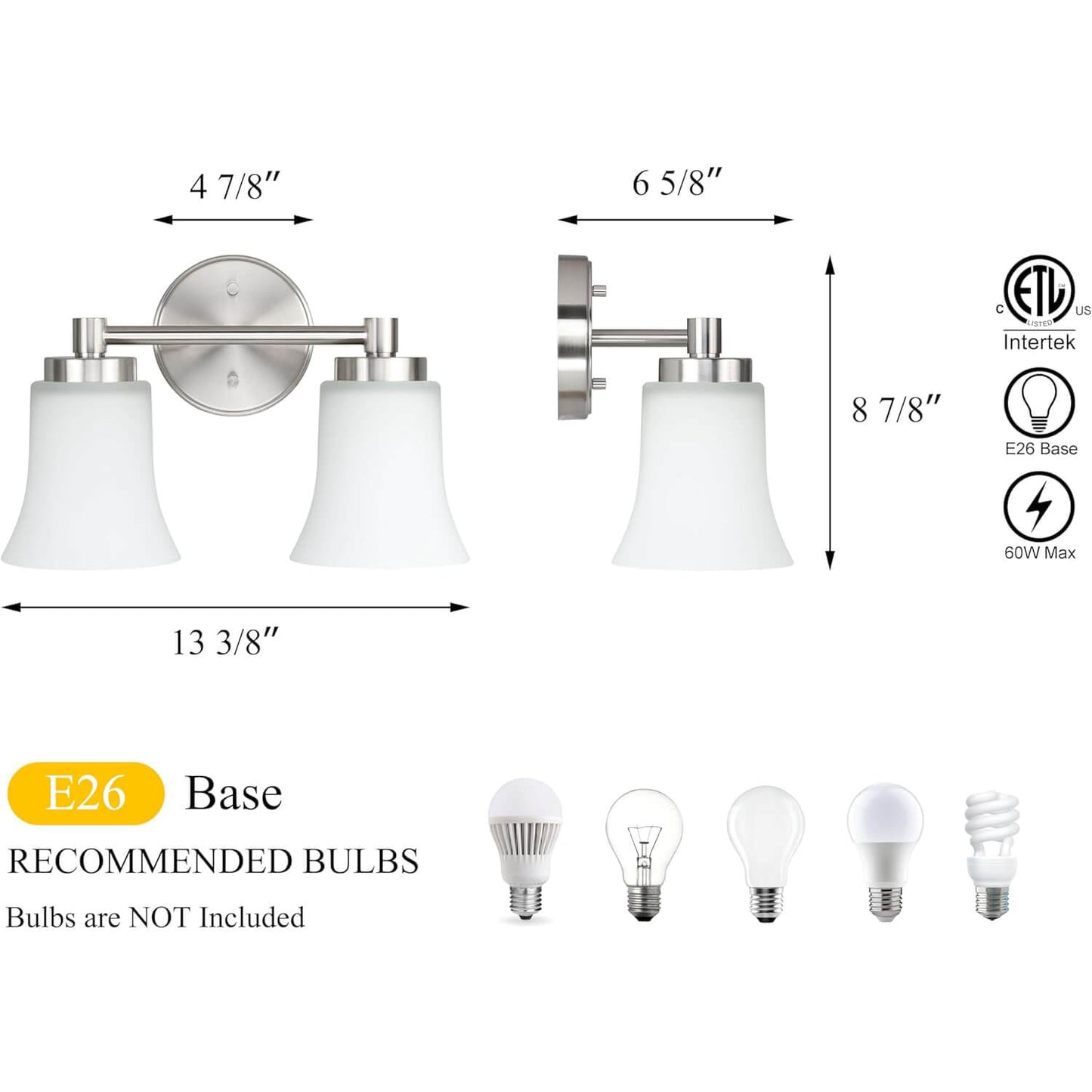 Modern Glass Vanity Light - Brushed Nickel - 2 Light XB-W1235-2-BN