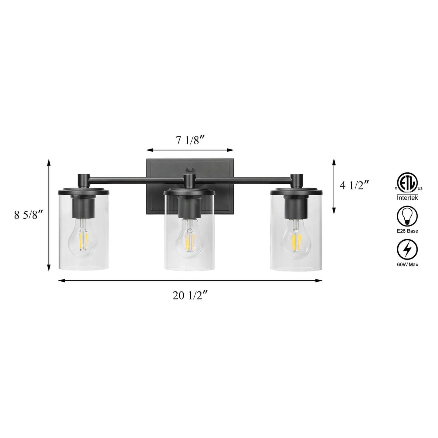 Bathroom Vanity Light, Modern Indoor Black 3 Light Wall Light with Glass XB-W1240-3-MB