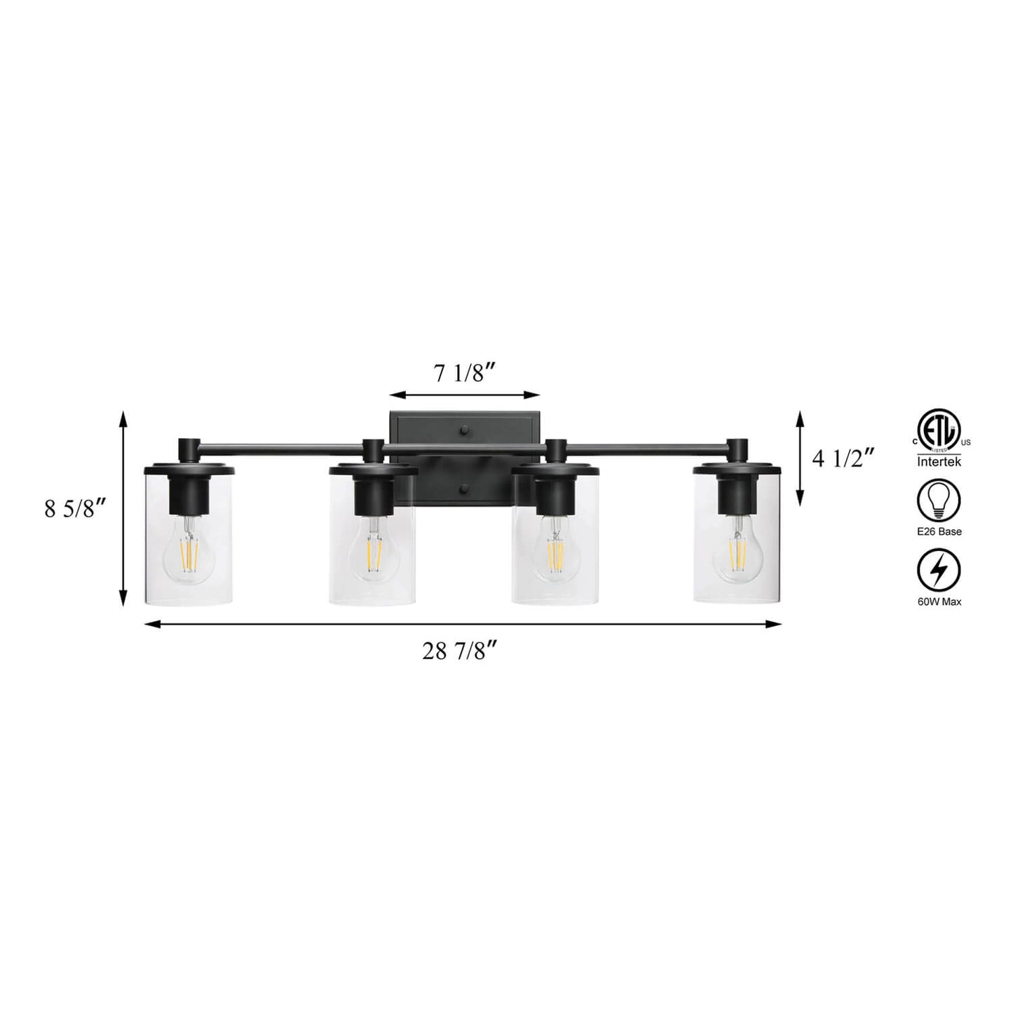Modern Bathroom Vanity Light Fixture, 4-Light, Black with Clear Glass Shades XB-W1240-4-MB