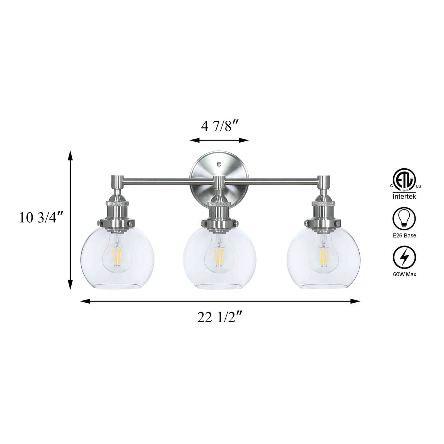 Bathroom Vanity Light Fixture, 3-Light, Glass Globe Shades, Brushed Nickel XB-W1256-3-BN