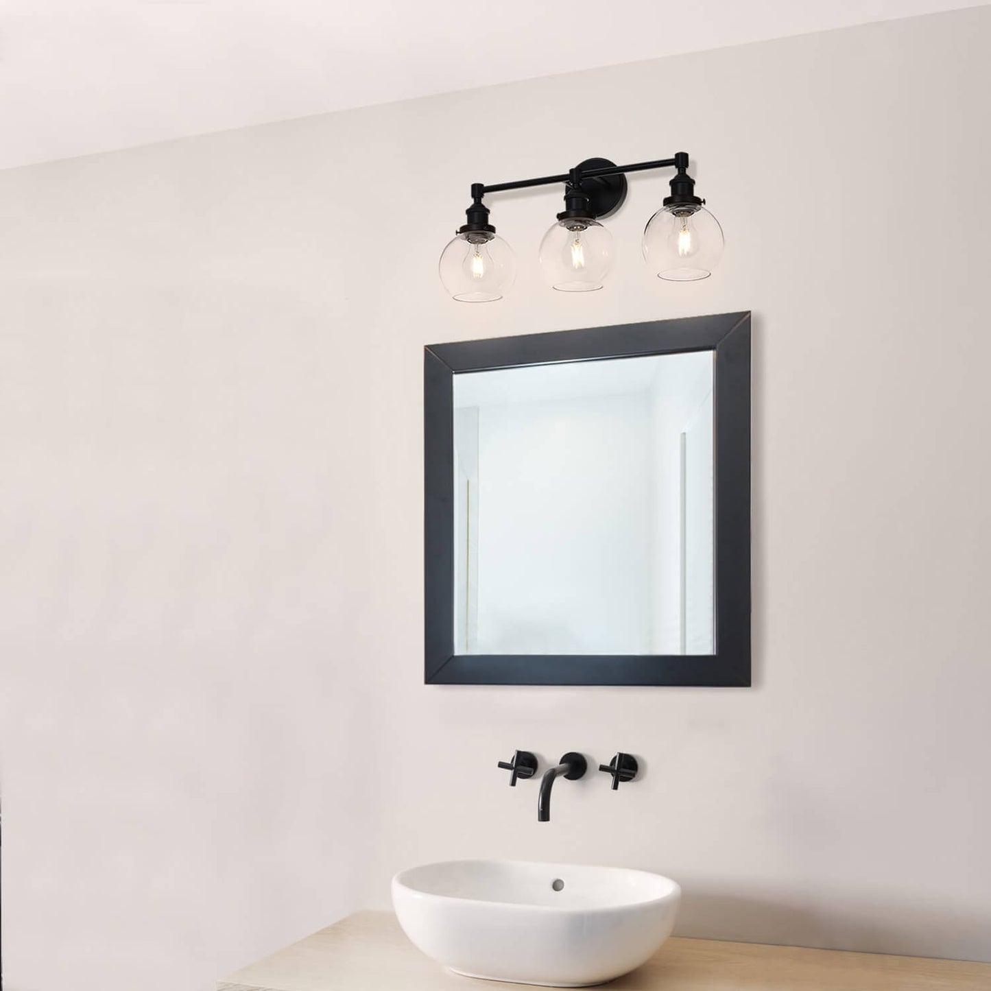 Bathroom Vanity Light Fixture, 3-Light, Black Metal with Clear Glass Globe Shades XB-W1256-3-MB