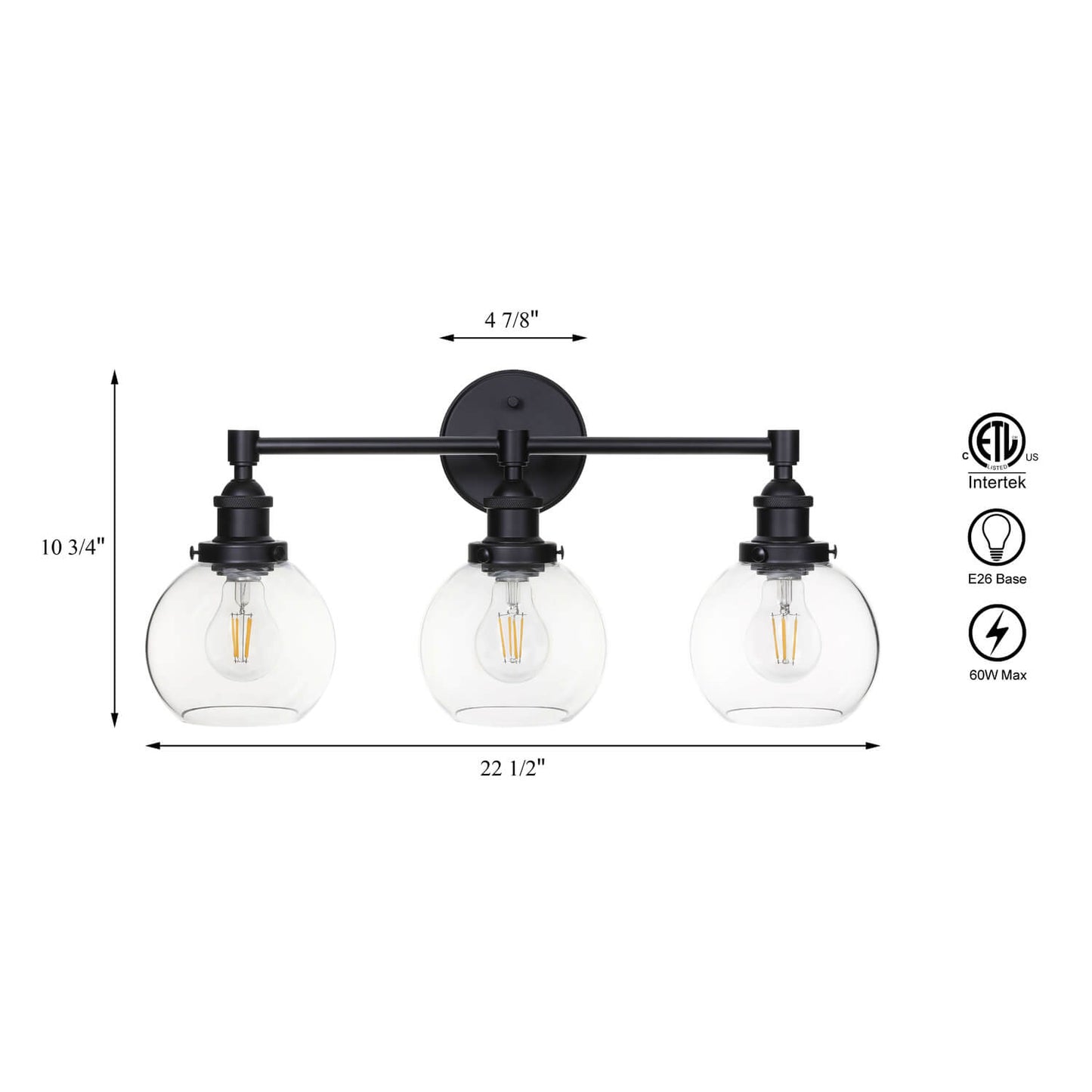 Bathroom Vanity Light Fixture, 3-Light, Black Metal with Clear Glass Globe Shades XB-W1256-3-MB
