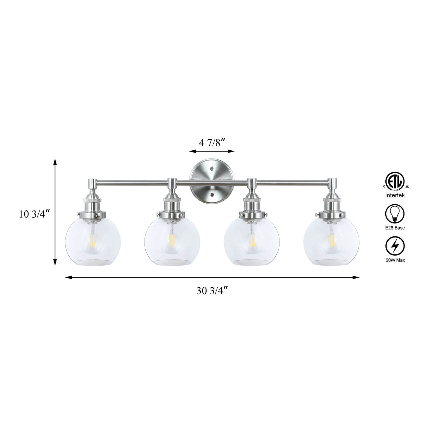 Bathroom Vanity Light Fixture, 4-Light, Brushed Nickel with Glass Globe Shades XB-W1256-4-BN