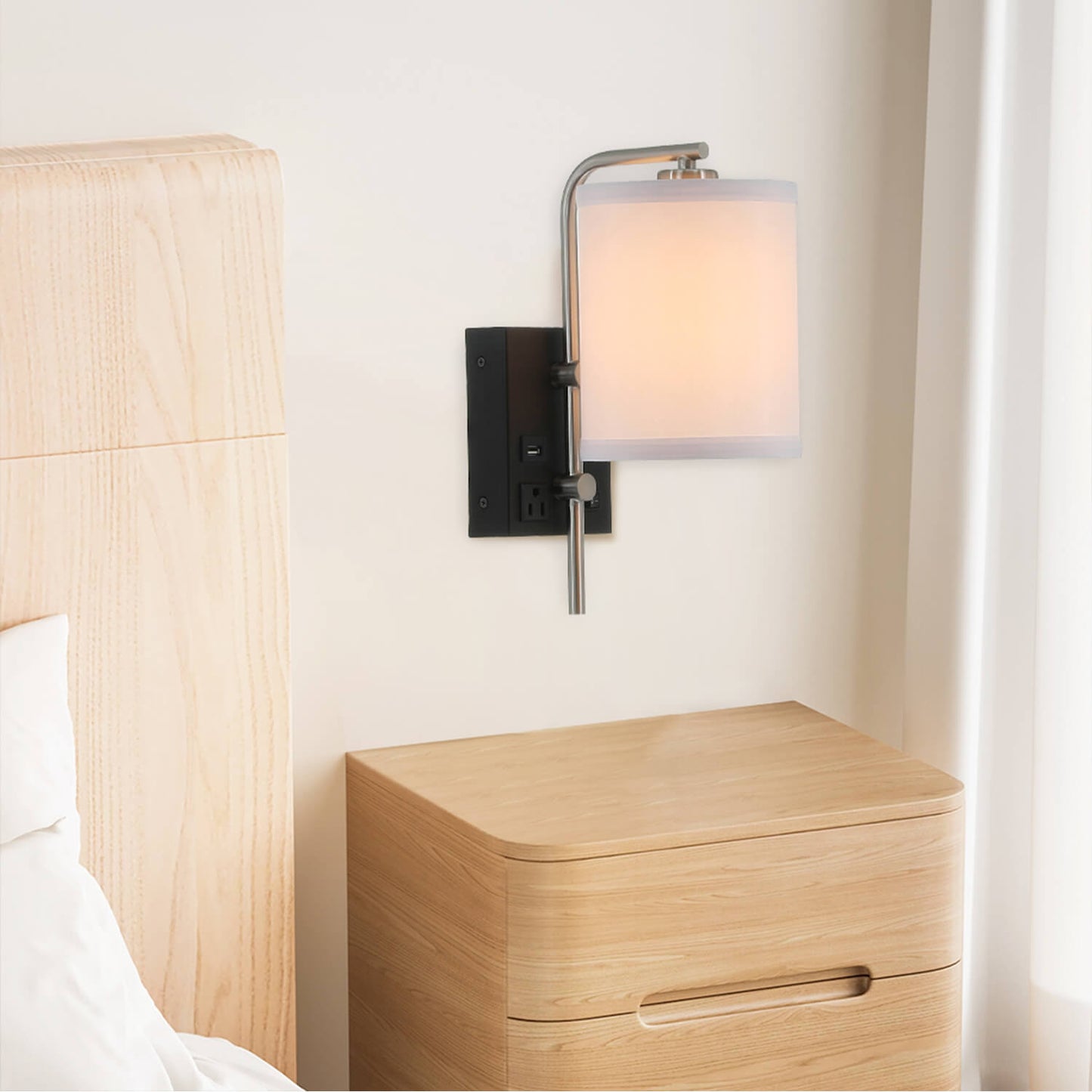 Commercial Use Fabric Shade Wall Reading Lamp Hotel Bedside Lamp For Bedroom Hotel Wall Sconce With Usb Port And Outlets XB-W1257-1