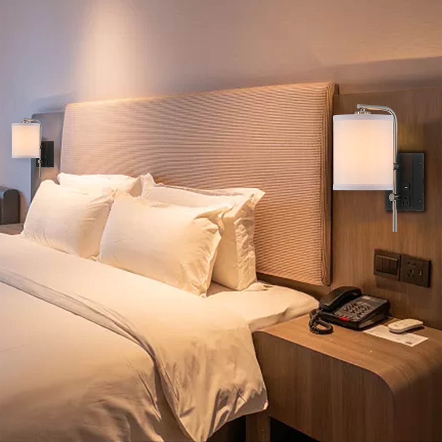 Commercial Use Fabric Shade Wall Reading Lamp Hotel Bedside Lamp For Bedroom Hotel Wall Sconce With Usb Port And Outlets XB-W1257-1