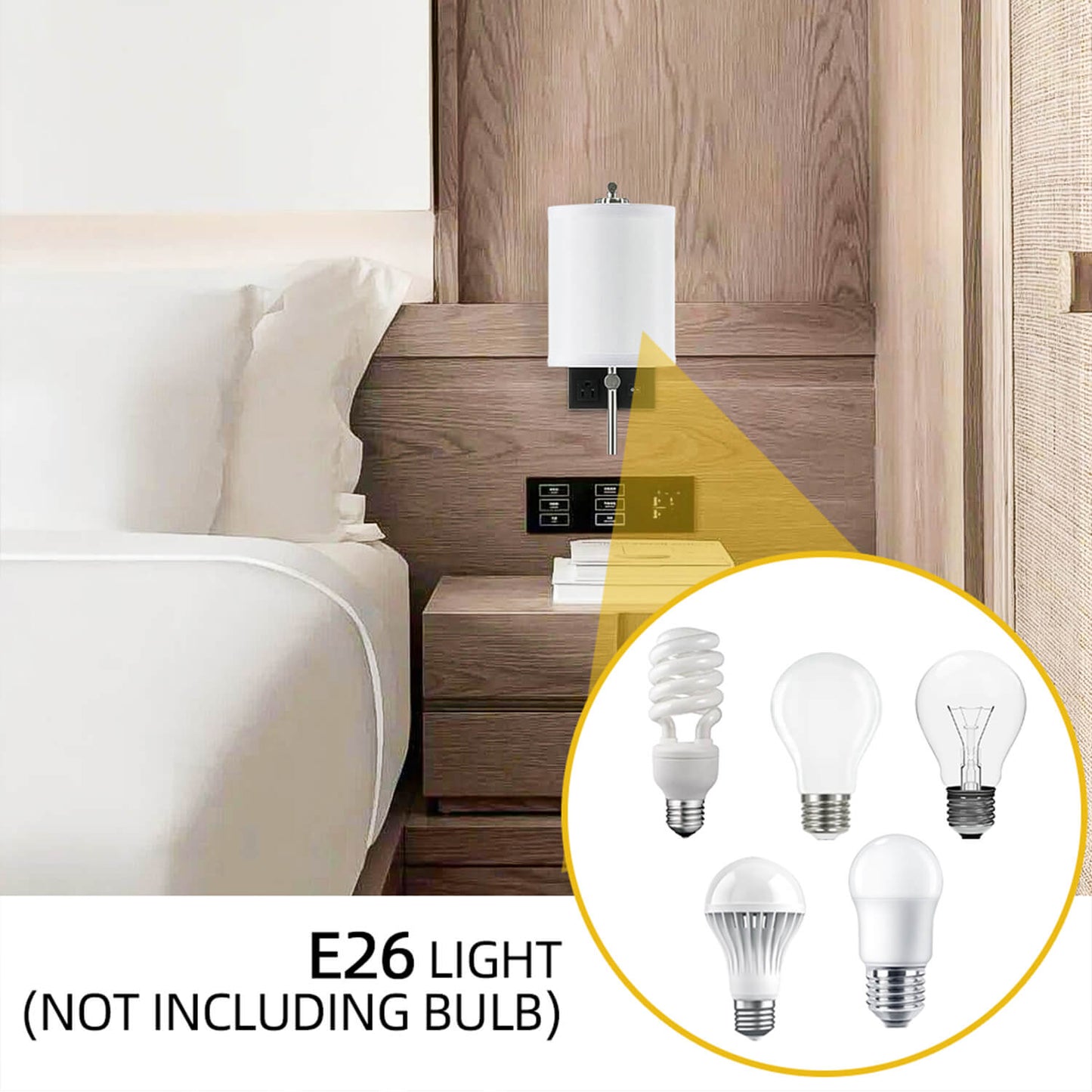 Commercial Use Fabric Shade Wall Reading Lamp Hotel Bedside Lamp For Bedroom Hotel Wall Sconce With Usb Port And Outlets XB-W1257-1