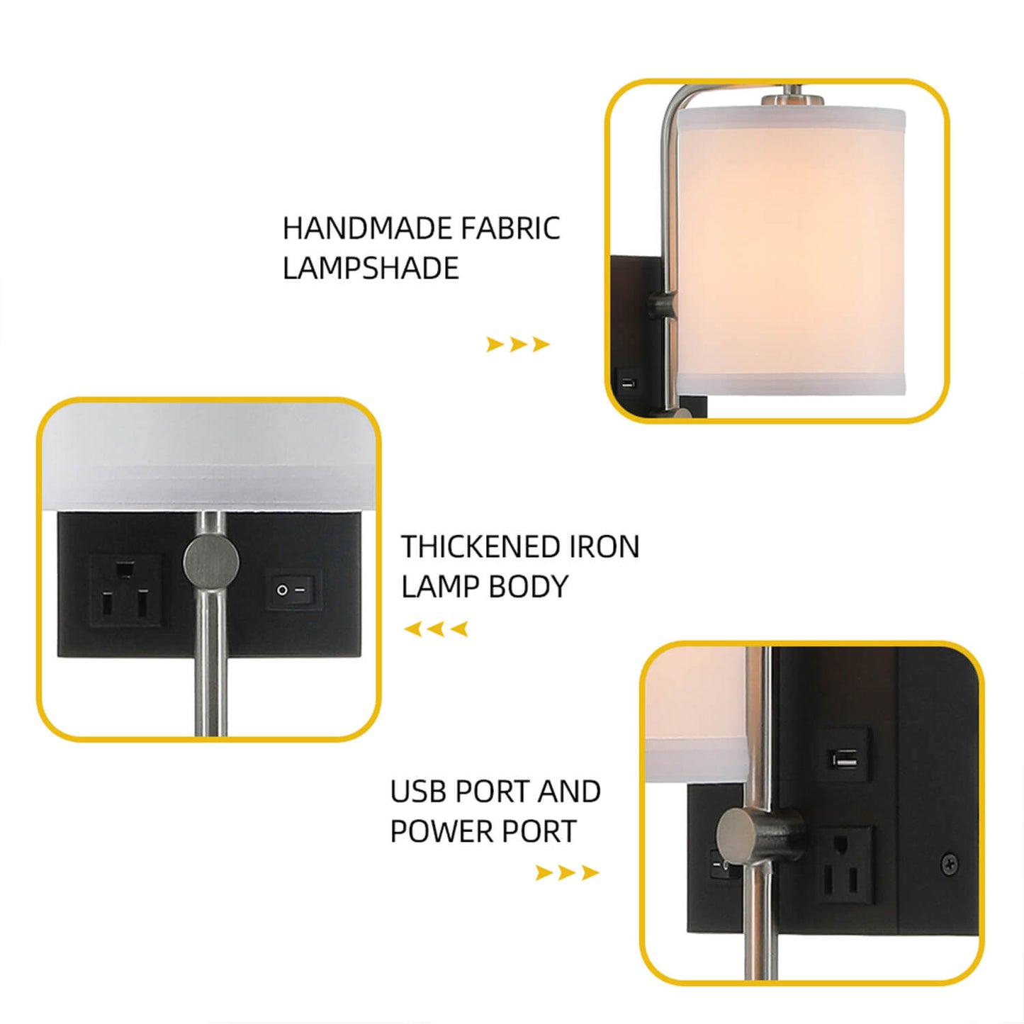 Commercial Use Fabric Shade Wall Reading Lamp Hotel Bedside Lamp For Bedroom Hotel Wall Sconce With Usb Port And Outlets XB-W1257-1