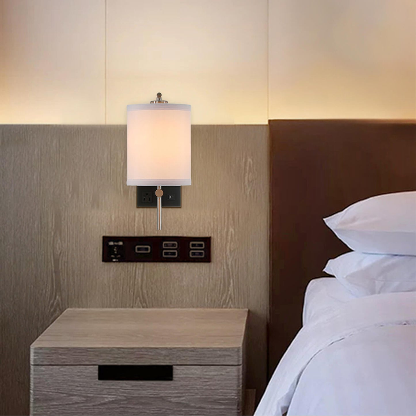 Commercial Use Fabric Shade Wall Reading Lamp Hotel Bedside Lamp For Bedroom Hotel Wall Sconce With Usb Port And Outlets XB-W1257-1