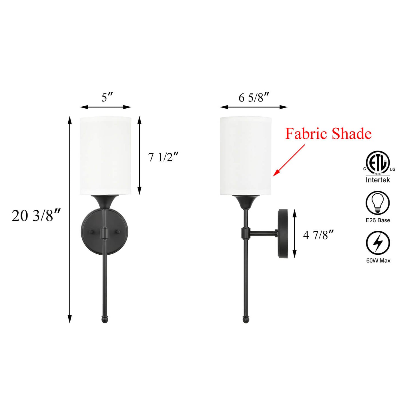 Wall Sconce Light Fixture, Matte Black Vanity Light with Fabric Shade, 1-Light XB-W1260-MB
