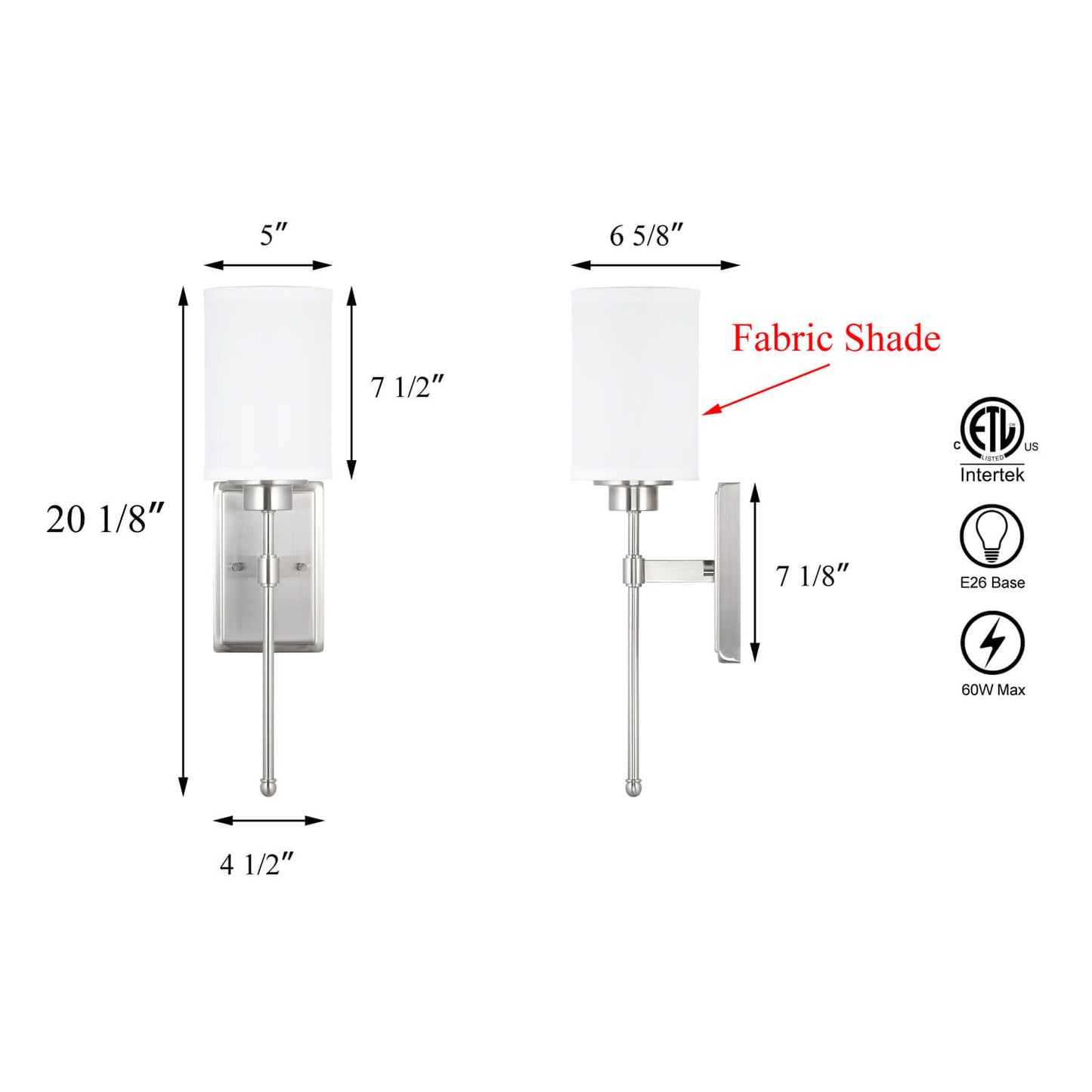 Brushed Nickel Wall Lighting with Fabric Shade for Bathroom & Bedroom XB-W1262-BN
