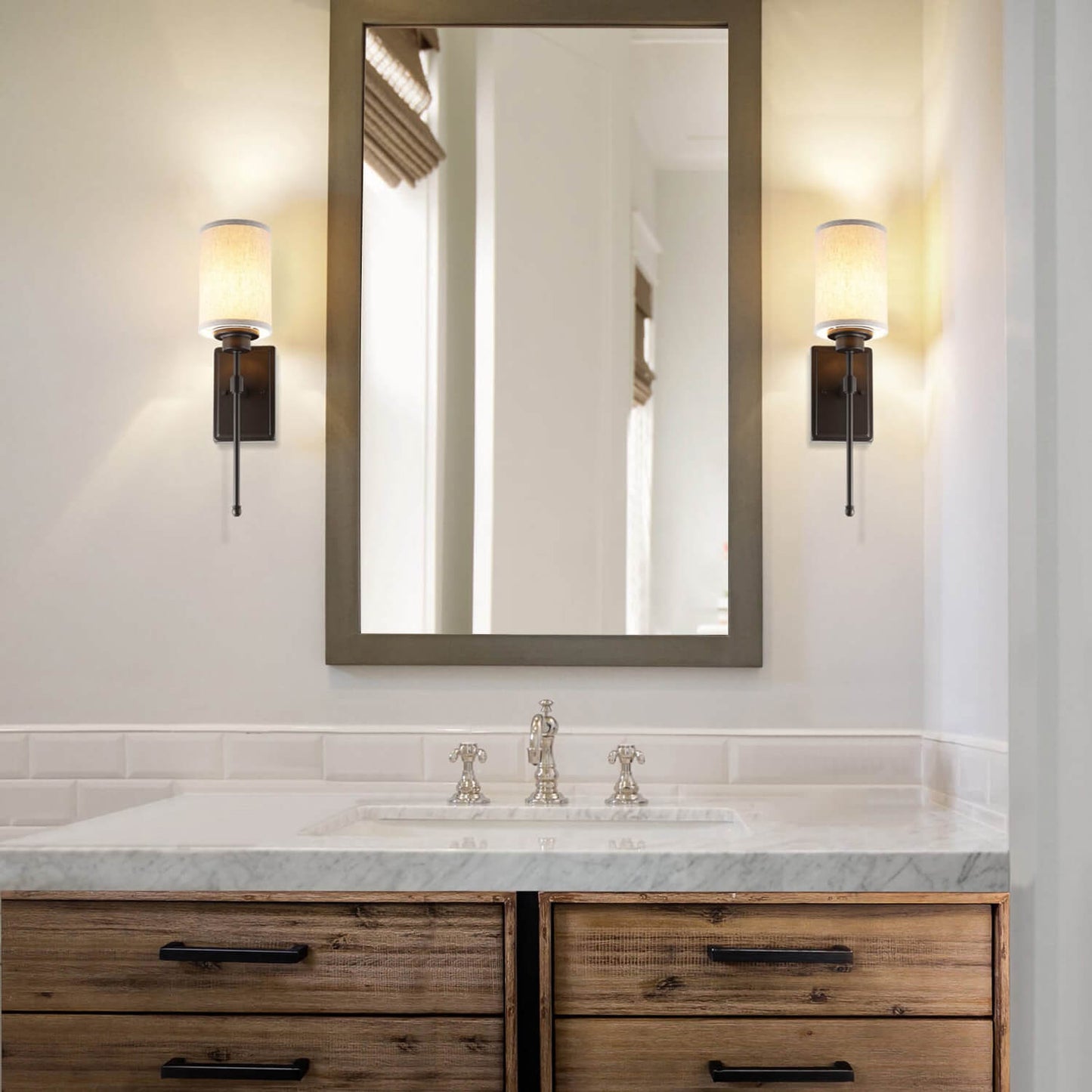 Wall Sconce Light Fixture, Dark Bronze, Fabric Shade, Bathroom Vanity & Bedroom XB-W1262-DB