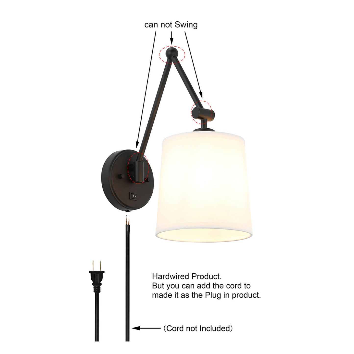 Set of 2 Black Wall Sconces with On/Off Switch, Hardwired or Plug-in XB-W1265-MB