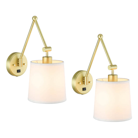 Set of 2 Modern Brass Wall Sconces with Fabric Shade and On/Off Switch XB-W1265-SB