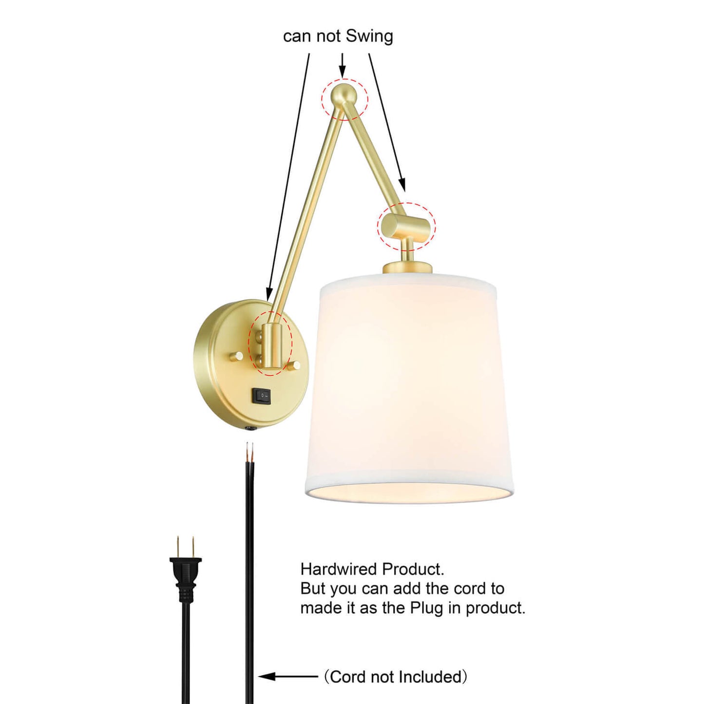 Set of 2 Modern Brass Wall Sconces with Fabric Shade and On/Off Switch XB-W1265-SB