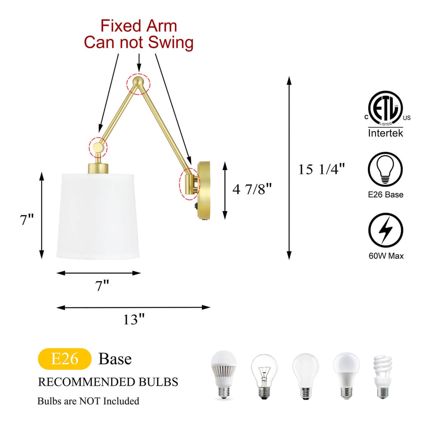 Set of 2 Modern Brass Wall Sconces with Fabric Shade and On/Off Switch XB-W1265-SB