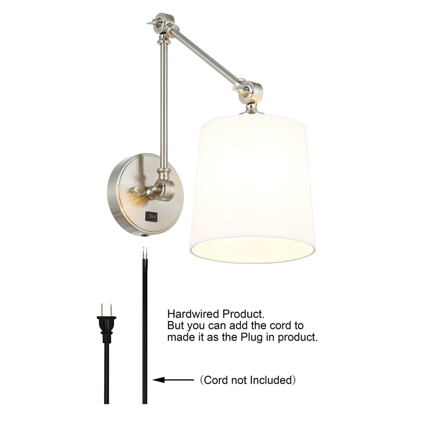 Set of 2 Modern Brushed Nickel Swing Arm Wall Sconce with Fabric Shade XB-W1274-BN