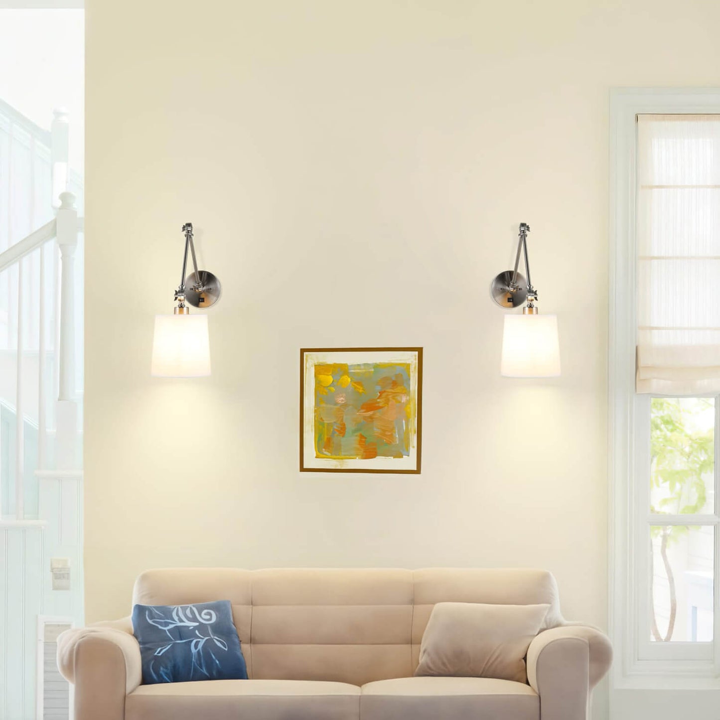 Set of 2 Modern Brushed Nickel Swing Arm Wall Sconce with Fabric Shade XB-W1274-BN