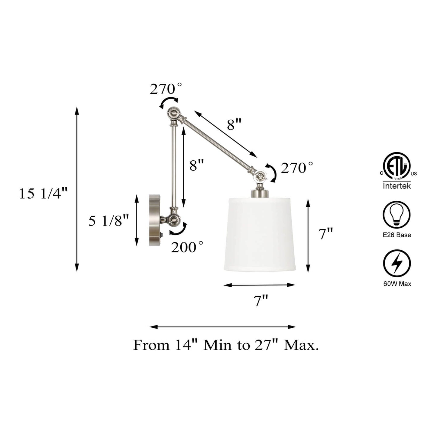 Set of 2 Modern Brushed Nickel Swing Arm Wall Sconce with Fabric Shade XB-W1274-BN