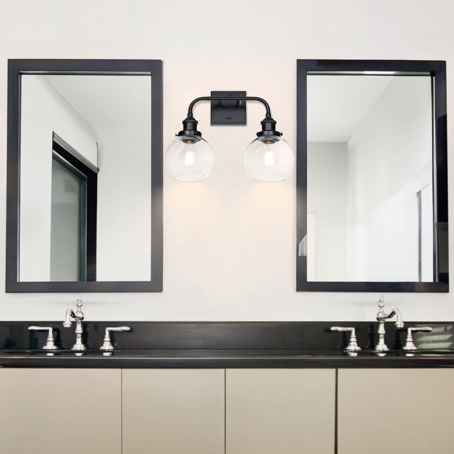 Modern Matte Black 2-Light Bathroom Vanity Fixture with Globe Glass Shades XB-W1275-2-MB