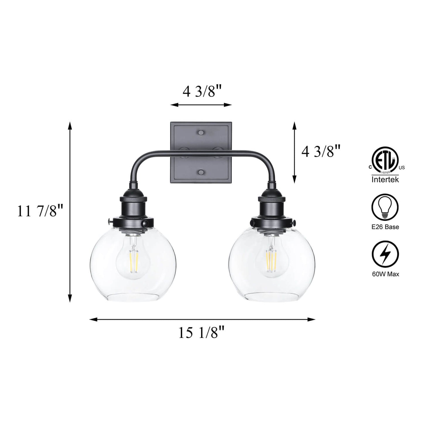 Modern Matte Black 2-Light Bathroom Vanity Fixture with Globe Glass Shades XB-W1275-2-MB