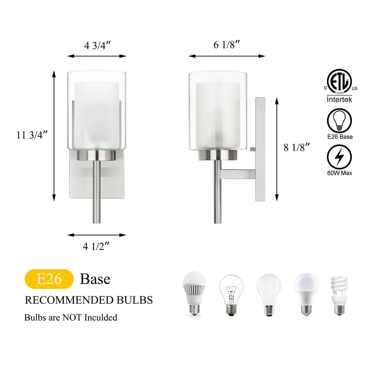 Modern Indoor Vanity Light with Dual Glass Shade XB-W1276-1-BN