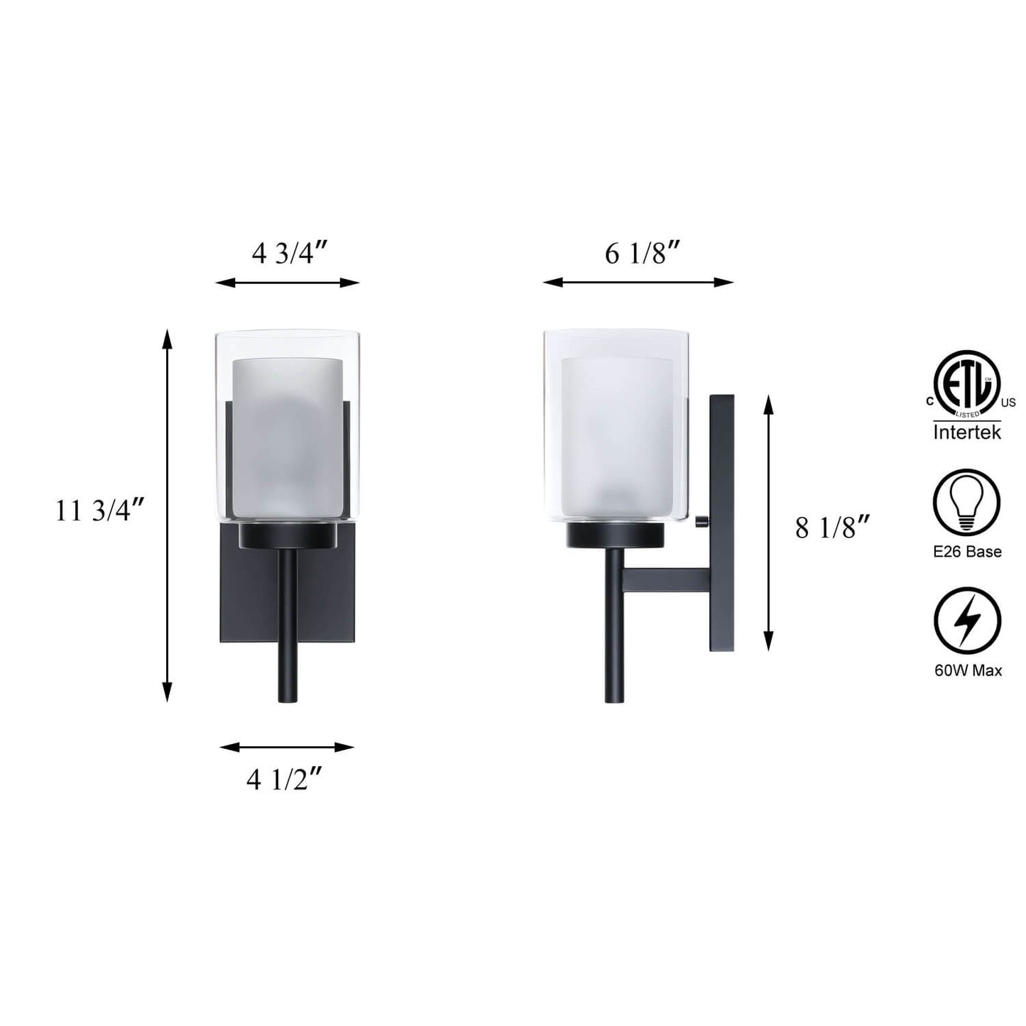 Classic 1-Light Black Vanity Sconce with Dual Glass Shades XB-W1276-1-MB