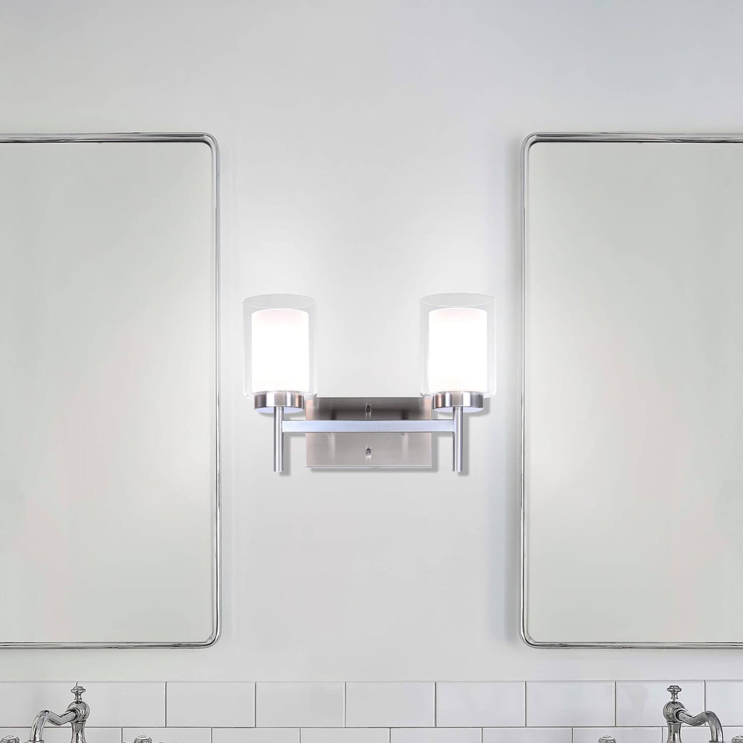 Modern 2-Light Brushed Nickel Bathroom Sconce with Dual Glass XB-W1276-2-BN