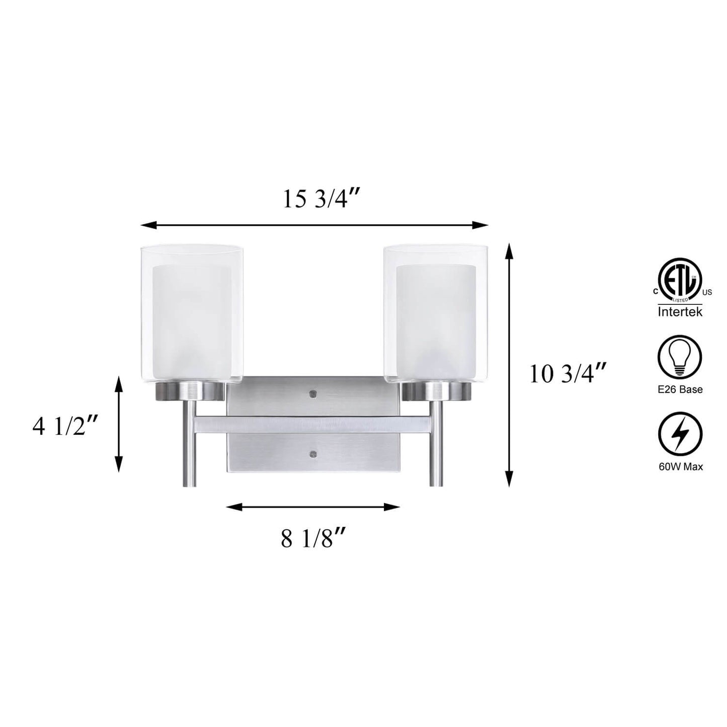 Modern 2-Light Brushed Nickel Bathroom Sconce with Dual Glass XB-W1276-2-BN
