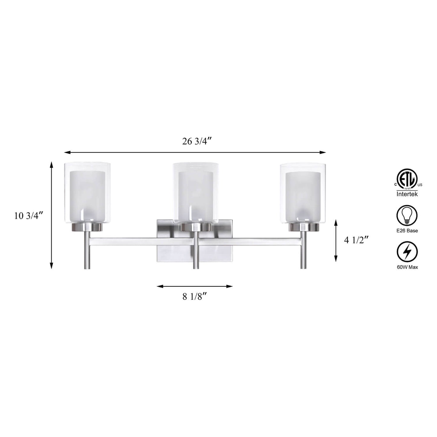 Modern 3-Light Brushed Nickel Vanity Light with Dual Glass XB-W1276-3-BN