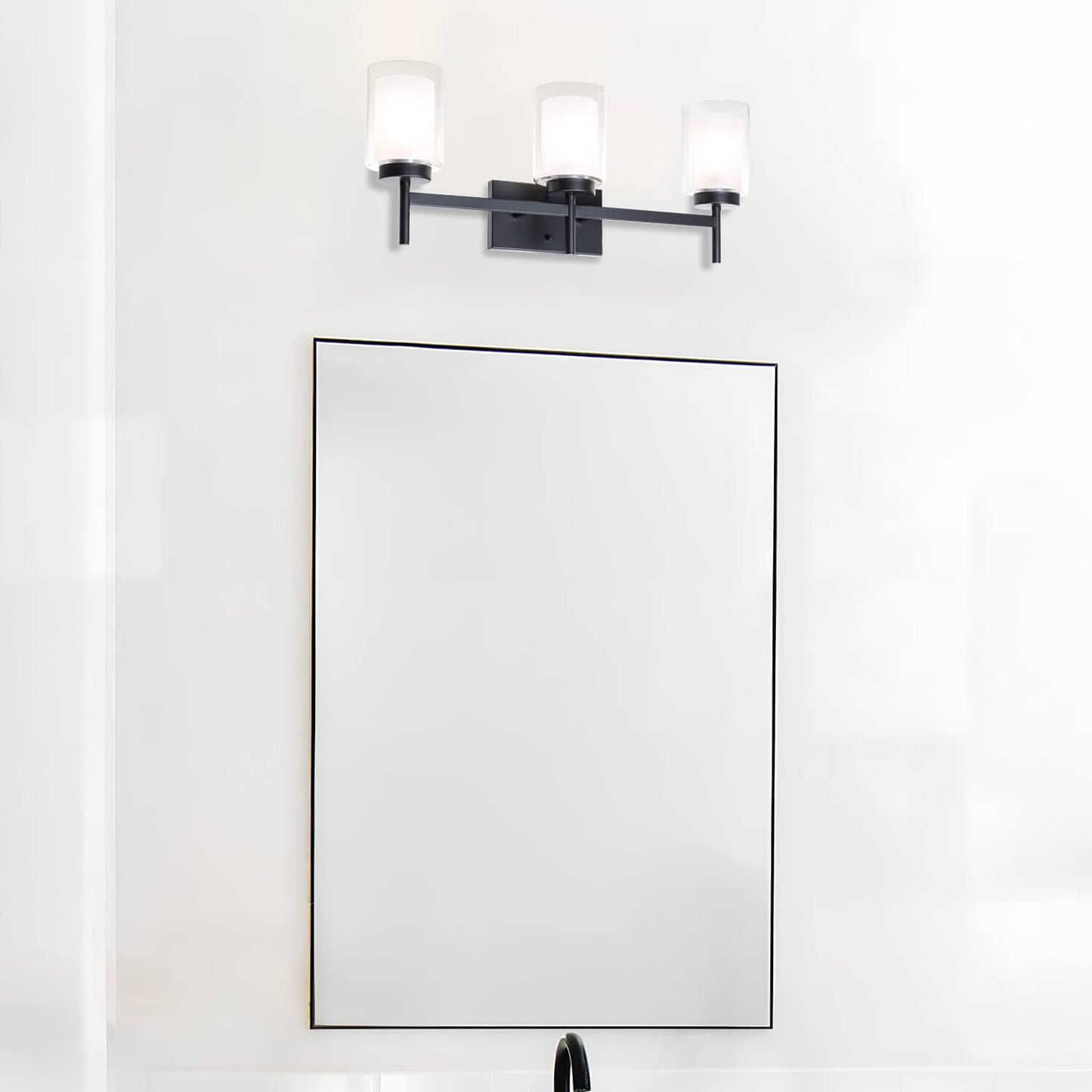 Classic 3-Light Black Bathroom Vanity Light with Dual Glass Shades XB-W1276-3-MB