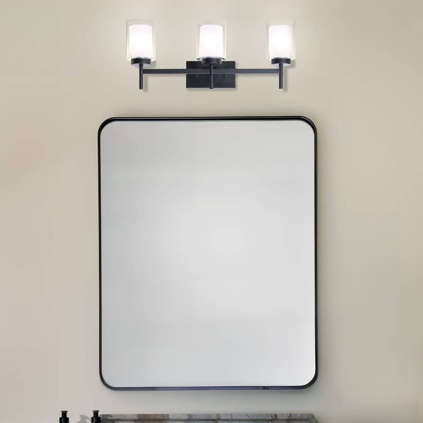 Classic 3-Light Black Bathroom Vanity Light with Dual Glass Shades XB-W1276-3-MB