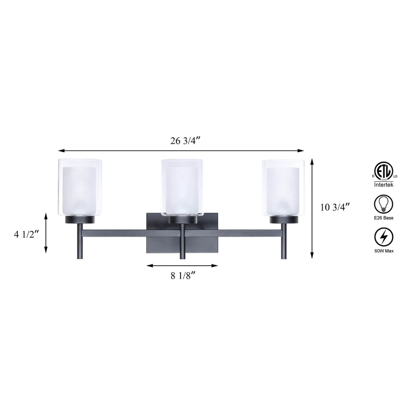 Classic 3-Light Black Bathroom Vanity Light with Dual Glass Shades XB-W1276-3-MB