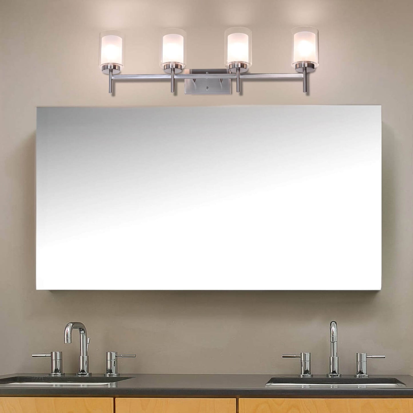 4-Light Modern Brushed Nickel Vanity Light with Dual Glass Shades XB-W1276-4-BN