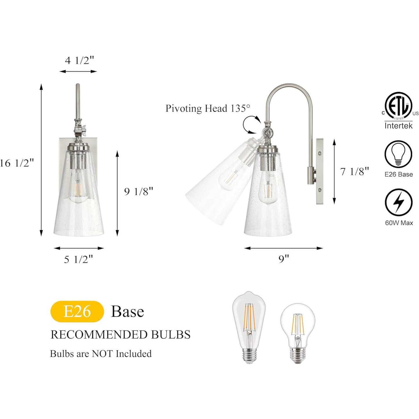 Classic Bathroom Vanity Wall Sconce - Brushed Nickel Finish XB-W1282-BN