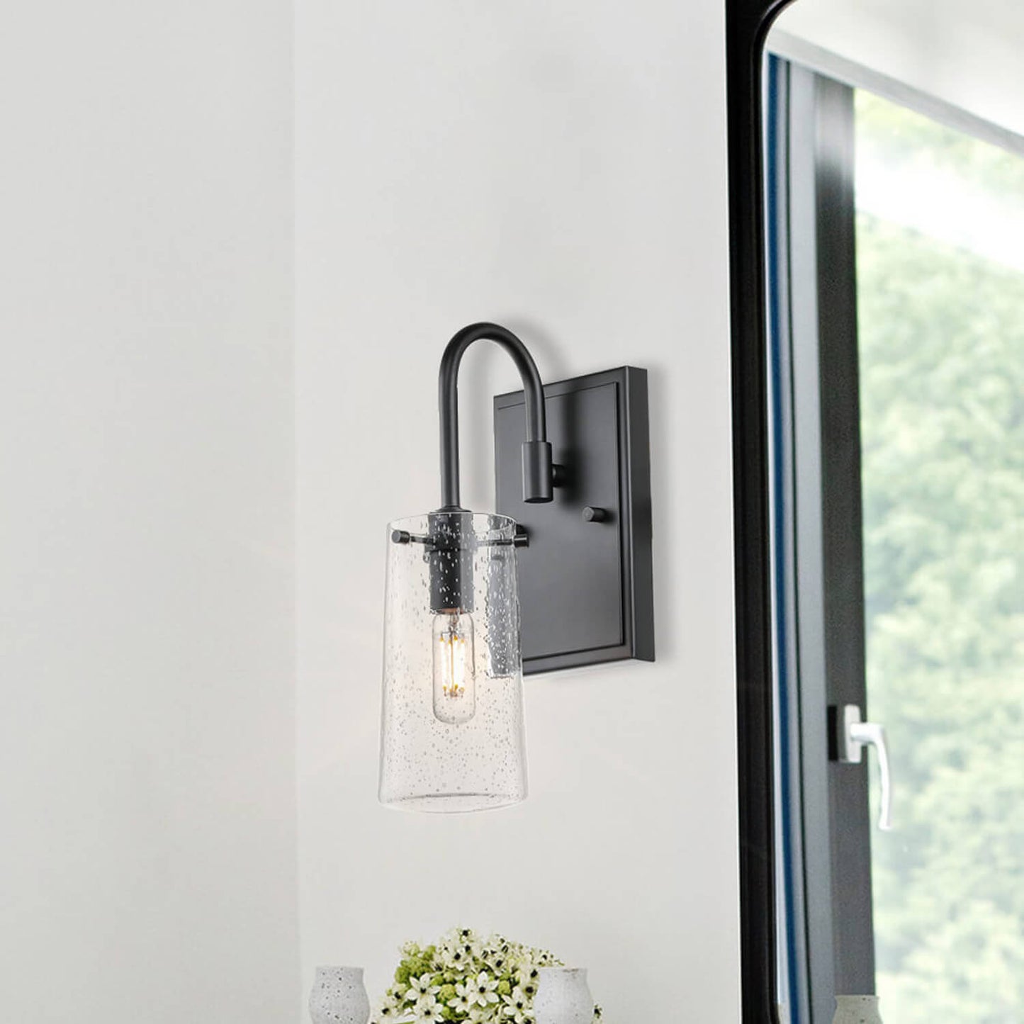 Industrial Black 1 Light Vanity Sconce Light with Seeded Glass XB-W1283-1-MB