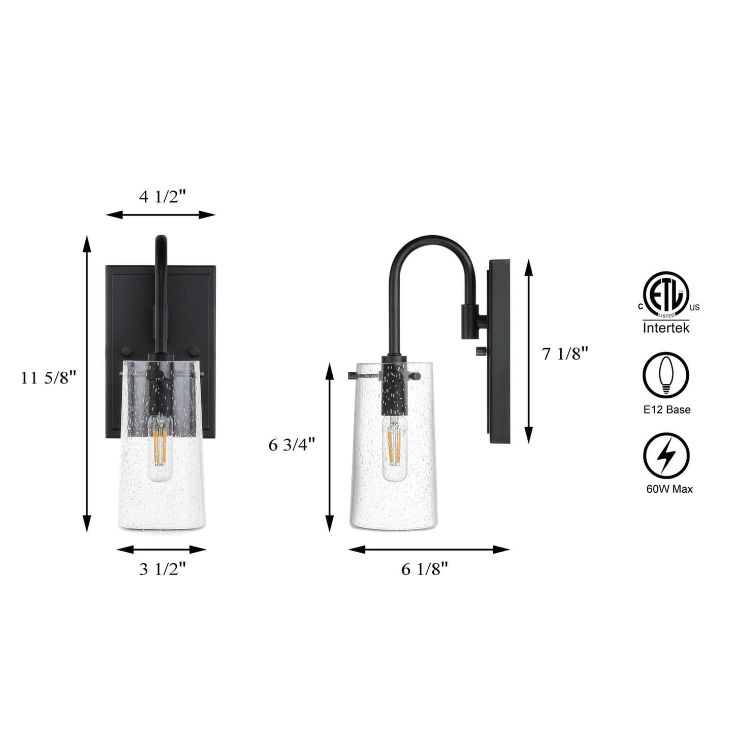 Industrial Black 1 Light Vanity Sconce Light with Seeded Glass XB-W1283-1-MB