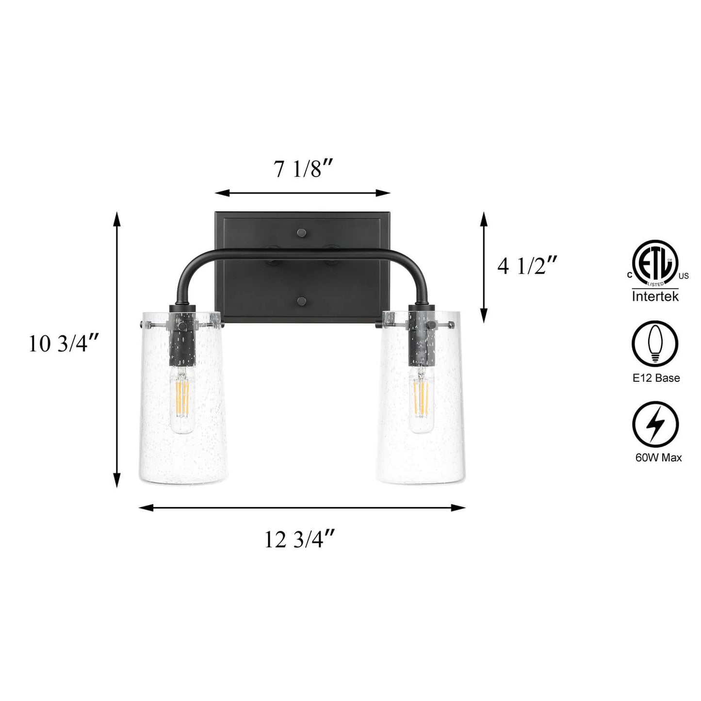 Modern 2-Light Black Vanity Light with Seeded Glass XB-W1283-2-MB